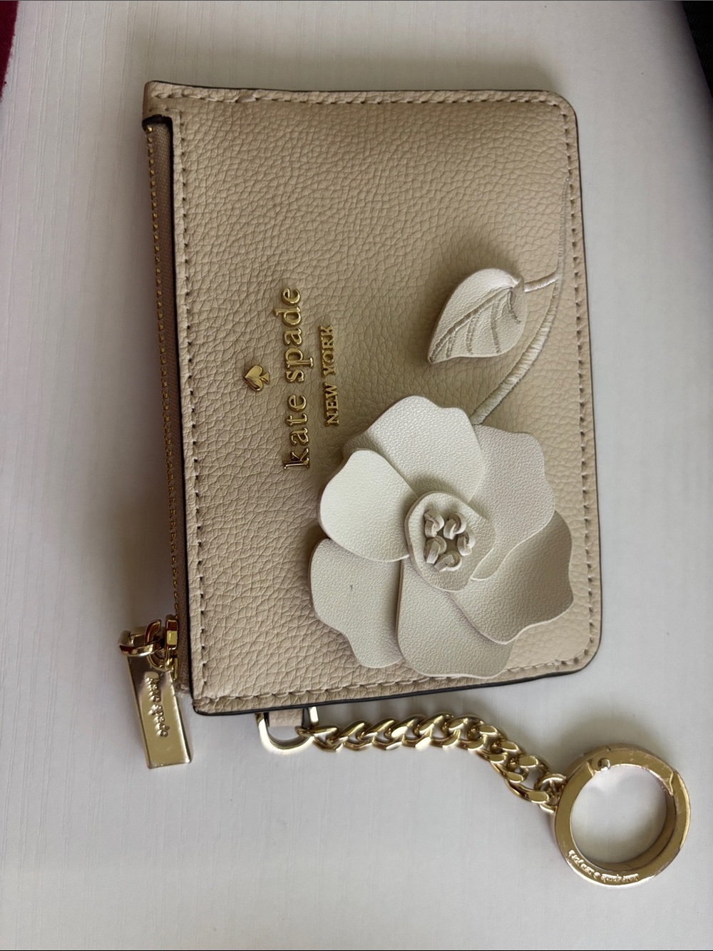 kate spade Cream Floral Cardholder Keychain Wallet with Gold Hardware